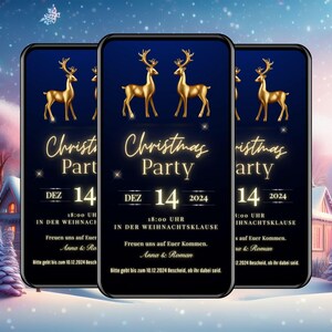 eCard Christmas Party Einladung mit Musik blau, digitale Weihnachtseinladung, animierte Weihnachtskarte personalisiert, Rentiere, Snowflakes