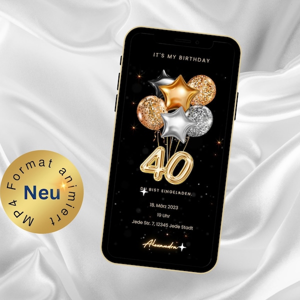 40. Geburtstag Einladung E-Card mit Goldballons und Glitzer Personalisierte Digitale Einladung, Feier