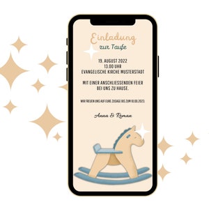 Invitation eCard animée numériquement pour le baptême avec un design personnalisé de cheval à bascule