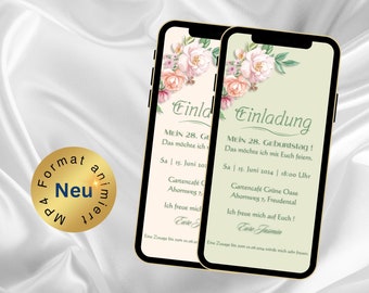 eCard Geburtstags Party Einladung Boho Flowers, WhatsApp Geburtstags Einladung, Einladungskarte salbeigrün, Einladung digital personalisiert