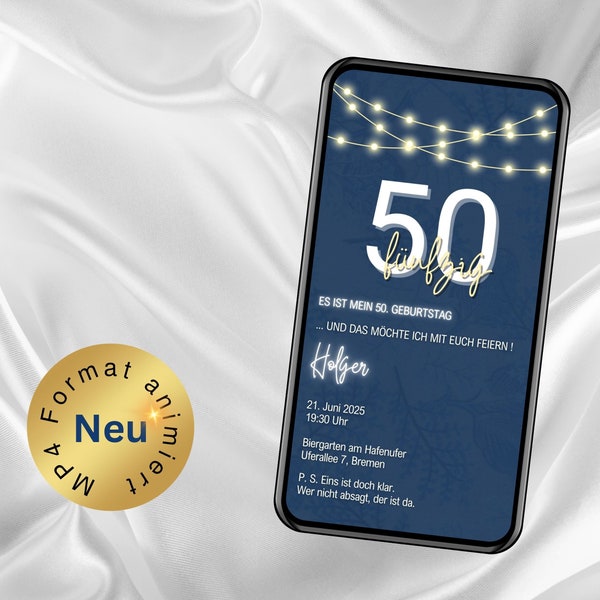 Elegante digitale Geburtstagseinladung zum 50. Geburtstag in klassischem Blau mit Lichterkettenmotiv - Ideal für WhatsApp Versand
