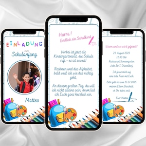 Digitale Einladung Schulanfang mit Foto, eCard Einschulung, WhatsApp Schulanfang Einladung, animierte Einladungskarte Schulanfang, mit Musik