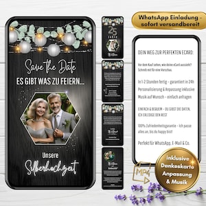 WhatsApp 招待状 銀婚式 写真付き モダン |デジタル e カード招待状 結婚 25 周年 |シルバーウェディング招待状ユーカリ