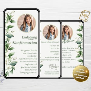 Digitale Einladungskarte für Konfirmation mit weiß grünen Blumen, Kommunion, Jugendweihe, Firmung animierte Einladung mit Foto