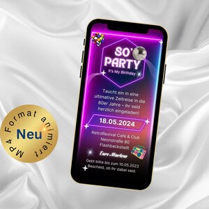 eCard 80s invitation soirée à thème fluo, invitation anniversaire années 80, invitation anniversaire WhatsApp, soirée à thème rétro vintage, musique