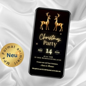eCard Christmas Party Einladung mit Musik Gold, digitale Weihnachtseinladung, animierte Weihnachtskarte personalisiert, Rentiere, Snowflakes