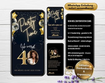 May include: A digital invitation for a 40th birthday party. The invitation features a black background with gold accents and the text "Party Time" in a gold script font. The number 40 is also in gold and is surrounded by gold confetti. The invitation includes a photo of a woman and the text "Ich werde 40" which translates to "I am turning 40".