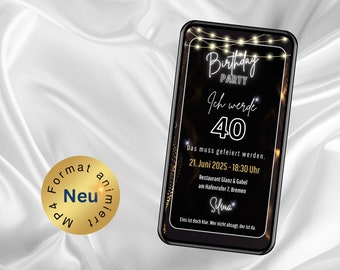 Digitale Einladung 40 Geburtstag animiert mit Sternenfunkeln personalisierte eCard  mit Lichterkette sofort via WhatsApp versendbar