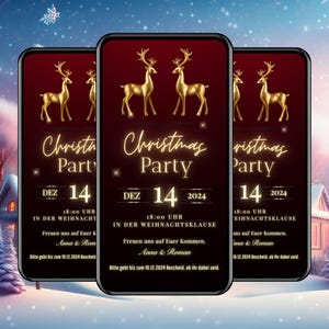 eCard Christmas Party Einladung mit Musik rot, digitale Weihnachtseinladung, animierte Weihnachtskarte personalisiert, Rentiere, Snowflakes