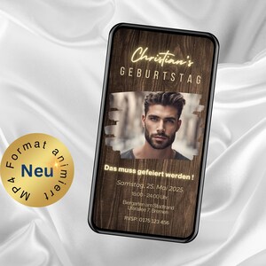 May include: A digital invitation for a birthday party. The invitation is on a wood background with a photo of a man. The text reads "Christian's Birthday" and "Das muss gefeiert werden!"  The invitation includes the date, time, and location of the party.