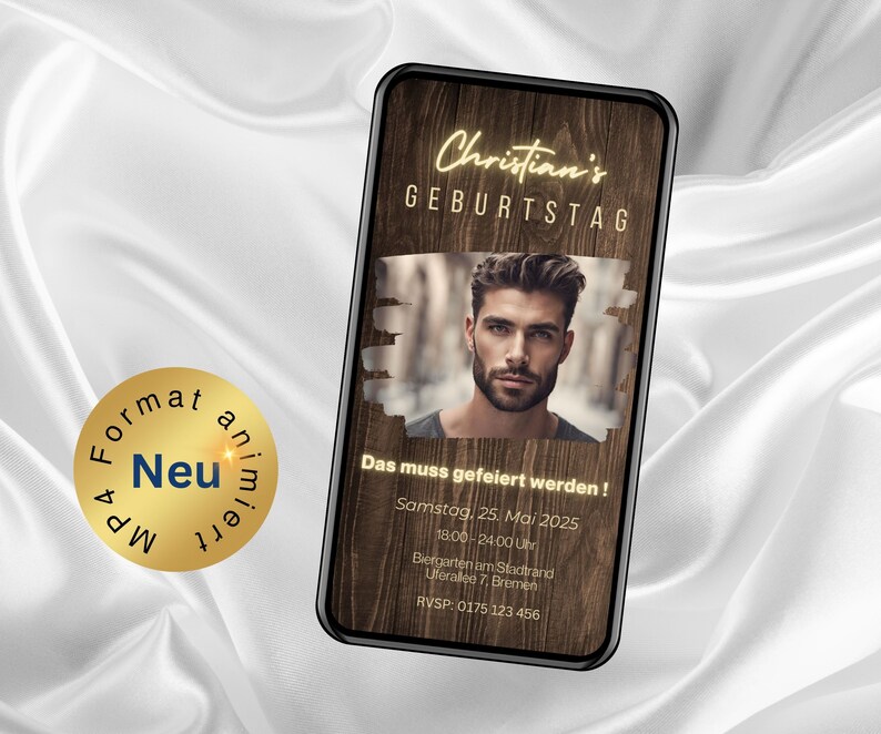 May include: A digital invitation for a birthday party. The invitation is on a wood background with a photo of a man. The text reads "Christian's Birthday" and "Das muss gefeiert werden!"  The invitation includes the date, time, and location of the party.