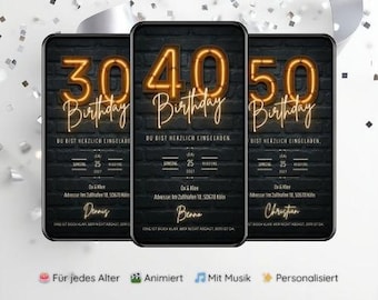 Digital invitation for 30th, 40th, and 50th birthdays, WhatsApp invitation with music, animated video e-card personalized