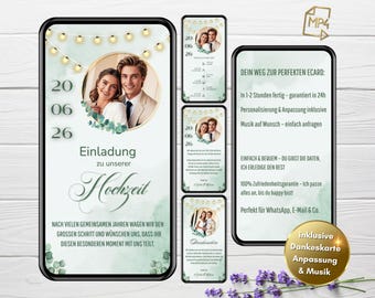 WhatsApp wedding invitation, digital wedding invitation, animated eCard, boho eucalyptus invitation, fairy lights invitation, save the date
