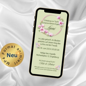 eCard invitation baptême boho couronne florale, invitation baptême animée vert sauge, invitation WhatsApp personnalisée, carte de baptême numérique, couronne rose