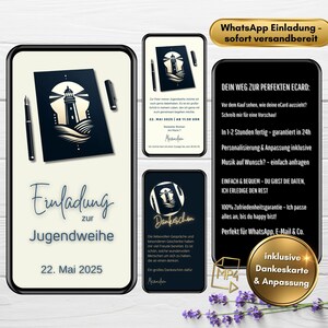 Invito WhatsApp per la consacrazione dei giovani, marittimo | Biglietto d'invito digitale faro con biglietto di ringraziamento | eCard Conferma animata Ragazzo Beige