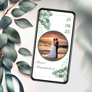 Digitale huwelijksuitnodiging eucalyptus, gepersonaliseerde eCard-bruiloft, geanimeerde uitnodiging verzenden via WhatsApp, huwelijksuitnodigingskaart