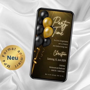 Carte électronique d'anniversaire animée, ballons dorés, design élégant - invitation parfaite pour les fêtes d'anniversaire WhatsApp, personnalisée