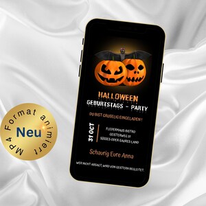 eCard Halloween verjaardagsfeestje uitnodiging, WhatsApp verjaardagsuitnodiging, Happy Halloween, gepersonaliseerde, geanimeerde kaart, horrormuziek