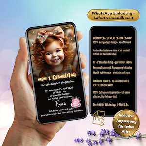 WhatsApp-uitnodiging 1e, 2e, 3e verjaardag met foto | digitale uitnodigingskaart kinderfeestje | geanimeerde eCard gepersonaliseerd voor alle leeftijden