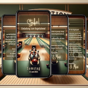 Invitation numérique pour une soirée bowling avec eCard de remerciement, carton d'invitation personnalisé animé et envoyé immédiatement via WhatsApp
