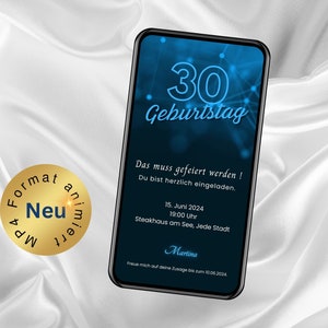 eKarta na 30. urodziny w kolorze neonowego błękitu, animowane streszczenie zaproszenia urodzinowego, zaproszenie urodzinowe WhatsApp, spersonalizowana karta zaproszenia
