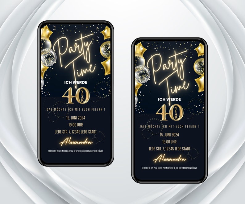 digitale Einladung 40. Geburtstag, Geburtstags Party Einladung, digitale WhatsApp Einladung, animierte Einladungskarte personalisiert Bild 2