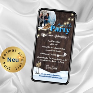 eCard Apres Ski Geburtstagsparty rustikal, WhatsApp Geburtstags Einladung, animierte Einladung Winterparty, personalisierte Einladung