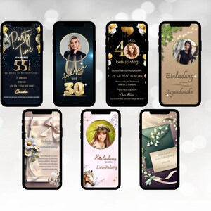 May include: Six different phone screen mockups with various invitation designs. The designs feature gold accents, floral elements, and text such as "Party Time", "Ich werde 55", "Andrea wird 30", "Mein 40 Geburtstag", "Einladung Jugendweihe", "Einladung Schulanfang", "Einladung Einschulung", and "Alis Liebe zum Geburtstag".