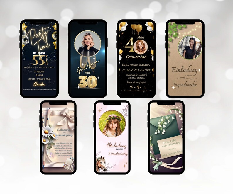 May include: Six different phone screen mockups with various invitation designs. The designs feature gold accents, floral elements, and text such as "Party Time", "Ich werde 55", "Andrea wird 30", "Mein 40 Geburtstag", "Einladung Jugendweihe", "Einladung Schulanfang", "Einladung Einschulung", and "Alis Liebe zum Geburtstag".
