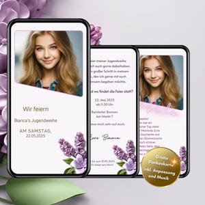 Invitación Digital Consagración Juvenil Niña Lila con Foto, Tarjeta Electrónica de Confirmación Personalizada, Invitación Animada Envío vía WhatsApp