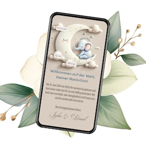 Carte de naissance personnalisée - eCard d'annonce de naissance numérique pour WhatsApp avec un joli motif d'éléphant, eCard numérique pour annoncer la naissance
