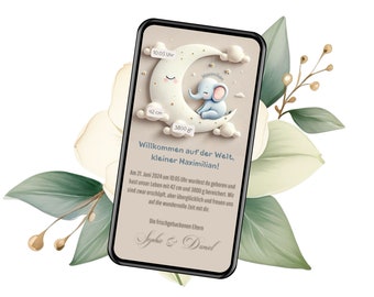 Personalized birth card – Digital birth announcement eCard for WhatsApp with cute elephant motif, digital eCard to announce birth