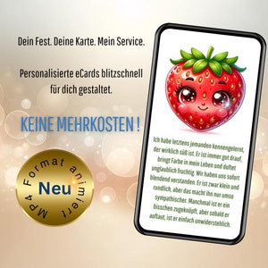 Digitale wenskaart Aardbei eCard met schattige aardbeien als geanimeerde vriendschapsgroet via WhatsApp, direct downloaden
