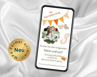 Digitale Einladung Bunter Kindergeburtstag mit Bild, Personalisierte eCard Kindergeburtstag, Animierte Einladung Versenden per WhatsApp