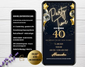 Convite WhatsApp 40º aniversário ouro preto, cartão de convite digital Party Time, eCard animado qualquer idade
