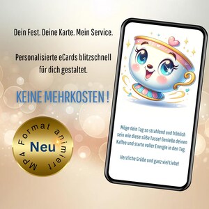 Envíe una tarjeta de felicitación digital de buenos días con una taza de café como saludos animados de amistad a través de WhatsApp, descarga instantánea