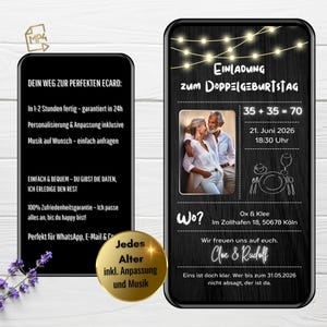 WhatsApp Einladung Doppelgeburtstag, digitale Einladung Holz & Lichterkette, eCard animiert, personalisiert mit Foto
