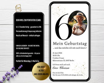 eCard招待状60デジタル、WhatsApp招待状60、写真付きデジタル誕生日招待状、アニメーションとパーソナライズ、モダンでスタイリッシュ