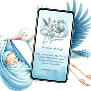 Anuncio de Nacimiento Digital Niño Bienvenida Enviar vía WhatsApp Anuncio de Nacimiento Personalizado Tarjeta Electrónica Nacimiento Niño Anuncio de Bebé Cigüeña