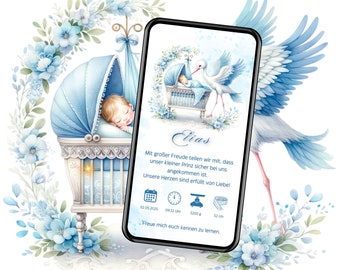 Geburtsanzeige Junge digital, Baby Geburtskarte WhatsApp, digitale Babykarte Geburt Junge, eCard Geburt Junge, WhatsApp Baby Ankündigung