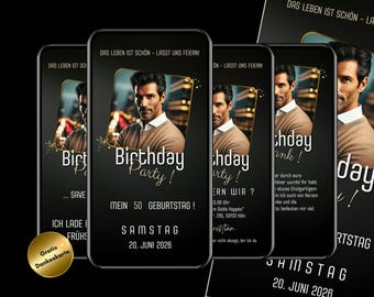 May include: A black and gold birthday party invitation with a photo of a man in a brown shirt. The text on the invitation reads "Birthday Party!" and "My 50th Birthday!"  The date of the party is Saturday, June 20, 2026.