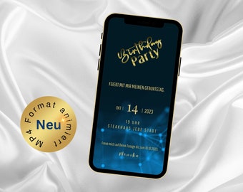 Animierte, personalisierte eCard-Einladung zum Geburtstag -  digitale Einladungskarte für Mann oder Frau per WhatsApp - Birthday Party Gold
