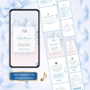 Peut inclure: Un smartphone affiche une invitation à une baby shower avec du texte et des graphiques. L'invitation indique "Baby Shower" et comprend les noms "Anna & Thomas". D'autres écrans affichent des informations sur la baby shower. Un ruban bleu et une note de musique dorée sont également visibles.