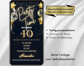 40th Birthday Invitation via WhatsApp - animated, personalized in black and gold with music