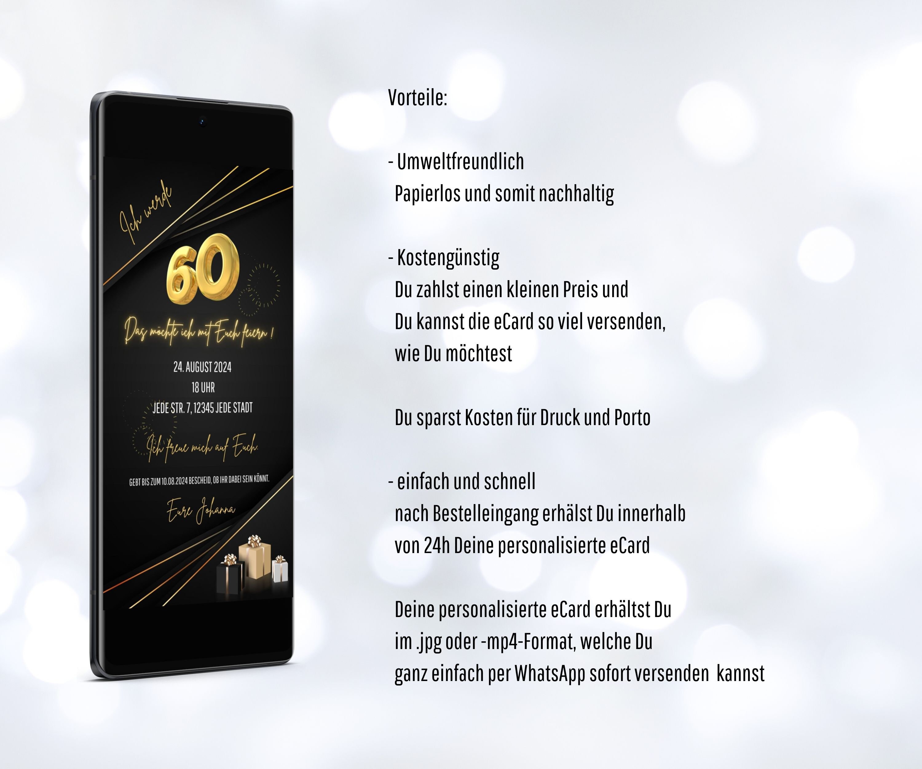 Einladung Zum 60 Geburtstag Per Whatsapp Digitale Einladung Geburtstag eCard zum versenden per WhatsApp