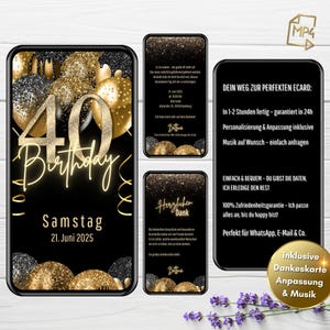 Invitation WhatsApp 40e anniversaire pour femme | carte d'invitation numérique noir or avec musique | carte électronique animée incluant une carte de remerciement