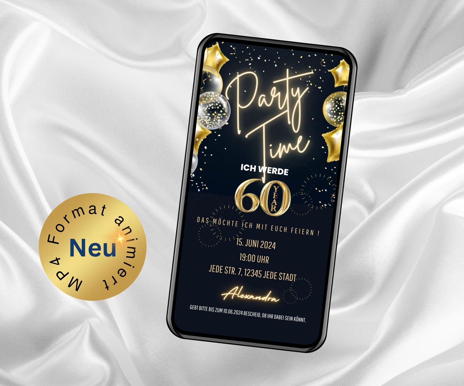 Einladung Zum 60 Geburtstag Per Whatsapp Digitale Einladung 60. Geburtstag Party Time, WhatsApp Einladung 60