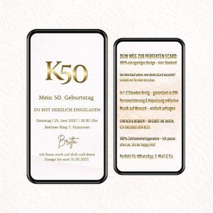 Può includere: Due schermi di smartphone che mostrano un invito digitale per un 50° compleanno. Lo schermo di sinistra presenta testo dorato su sfondo crema, inclusi data, ora e luogo. Lo schermo di destra dettaglia le caratteristiche dell'eCard.
