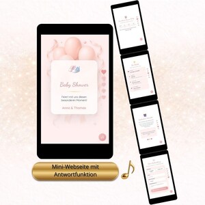 Mini sito web di invito digitale per baby shower con funzione di risposta, eCard RSVP WhatsApp con conto alla rovescia e musica