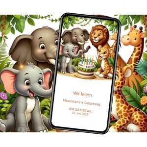 Digitale Einladung Kindergeburtstag Dschungeltiere, Personalisierte eCard Kindergeburtstag, Animierte Einladung Versenden per WhatsApp